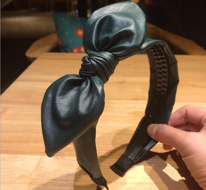 Teenager Mädchen Hasenohren Knoten Stirnband Gezahnt Rutschfest Damen Kopfschmuck Einfarbig PU Leder Schleife Haarband Erwachsene Schleife Haarreif