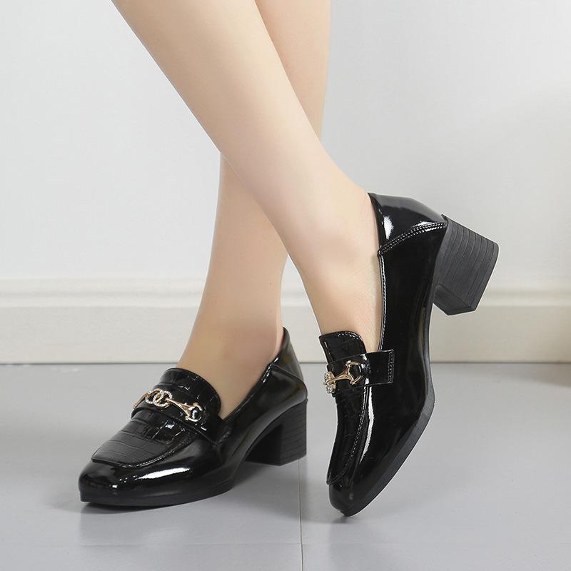 Loafers Women'S British Style High Heel Patent Leather Small Leather Shoes Spring And Autumn Square Head Single Shoes Work Shoes