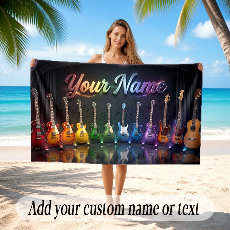 Music Guitar Theme Beach Towel Personalized Custom Name & Text Soft Quick Dry Beach Towel for Swimming Travel