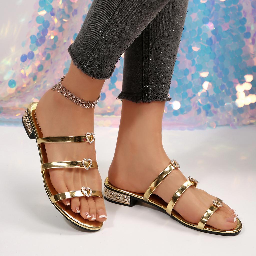 Flat-bottomed slippers summer new large size one-word with rhinestone cool slippers Slippers