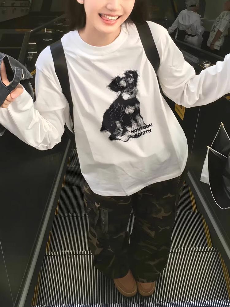 Women's Versatile White Cotton Long Sleeve Puppy Cartoon T-Shirt