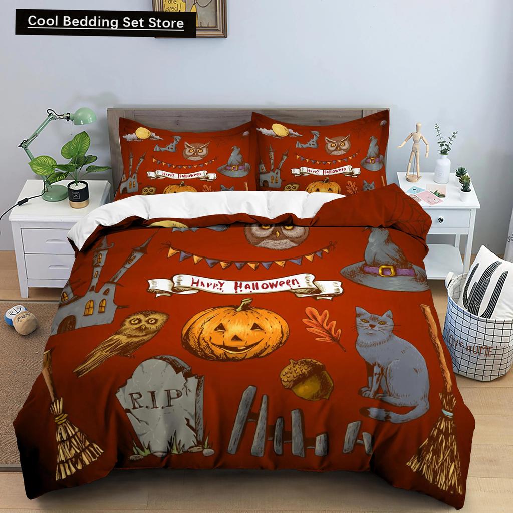 Happy Halloween King Queen Duvet Cover Orange Pumpkin Bedding Set Kids Teens Adults Bats Horror Festival Polyester Quilt Cover