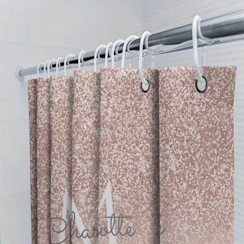 Name Letter Monogram Shower Curtain For Bathroom Decor Pink Glitter Sparkle Design With White Font Initials Customi