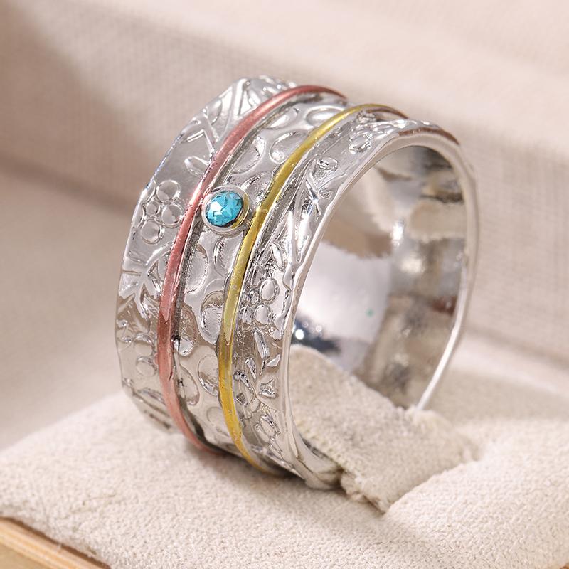 Vintage Inlaid Blue CZ Wide Women's Ring Ethnic Two Color Hand Carving Daily Wear Party Jewelry Anniversary Gift