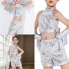 Girls Latin Dance Costume Kid Crop Top Shorts with Tassels Arm Sleeve Sequins Dance Outfit for Party