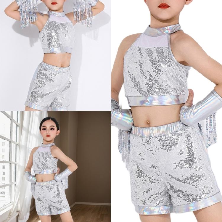 Girls Latin Dance Costume Kid Crop Top Shorts with Tassels Arm Sleeve Sequins Dance Outfit for Party