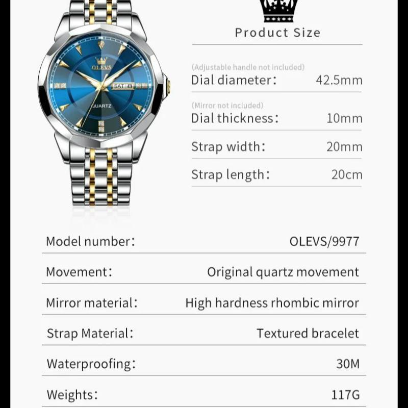 OLEVS Fashion Classic Dual Calendar Quartz Watch For Men Rhombus Mirror Luxury Wristwatch Waterproof Original Man Watches