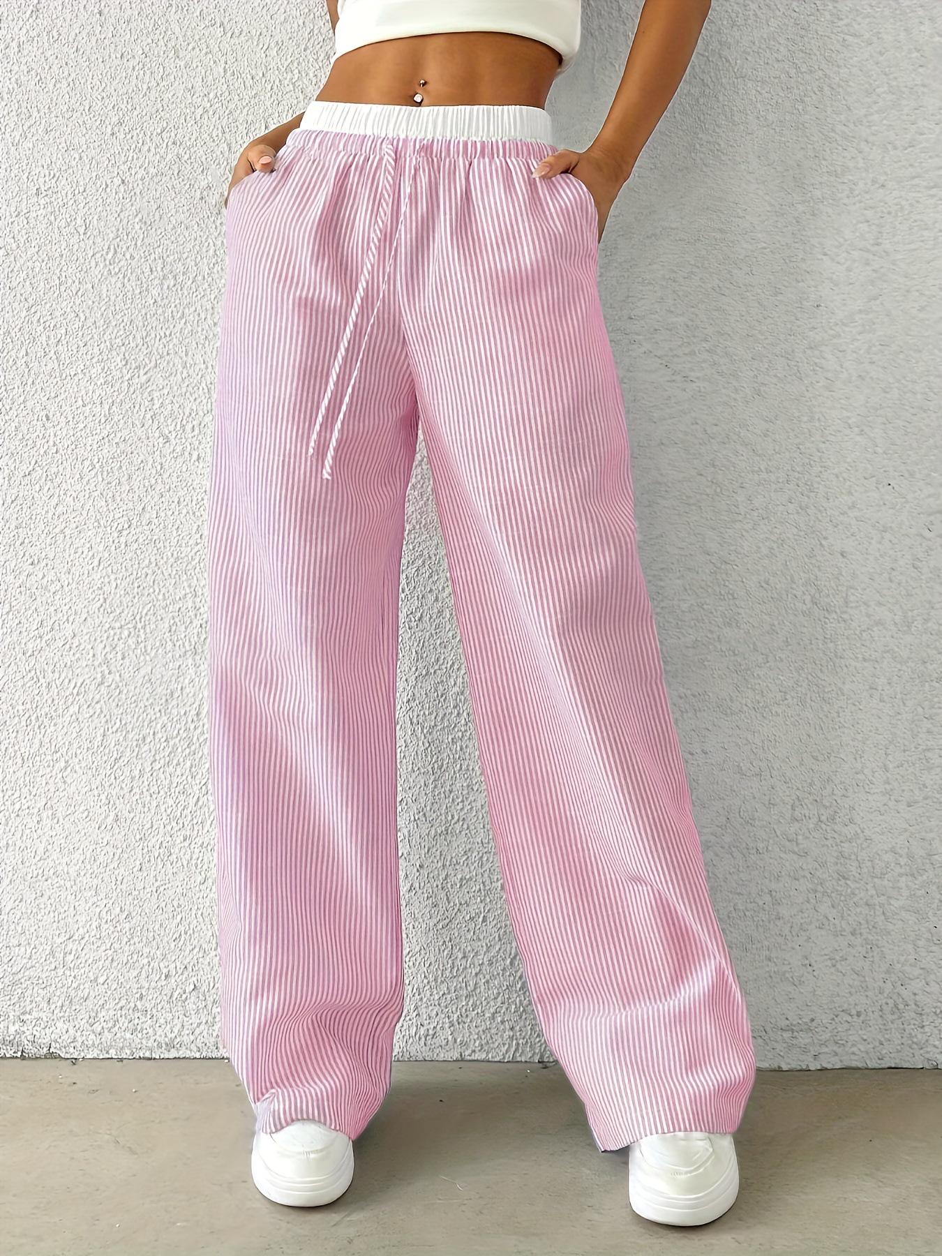 

Женские полосатые летние брюки прямого кроя в европейско-американском стиле 2025 года, повседневные, тонкие Medium розовый