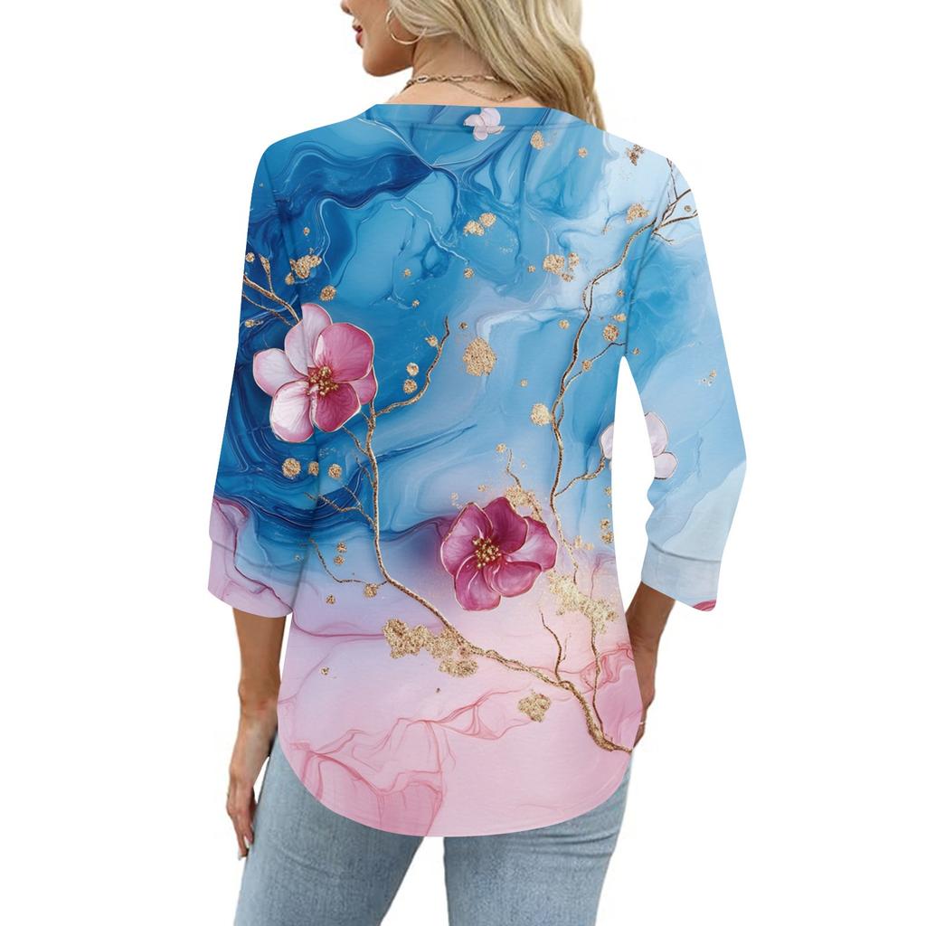 Damen T-Shirt mit Aufdruck, Knopfleiste, 3/4-Ärmel, für den Alltag, Wochenendmode, Basic, V-Ausschnitt, normales Oberteil