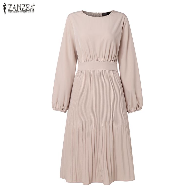 ZANZEA Abito casual da donna a maniche lunghe con scollo tondo tinta unita