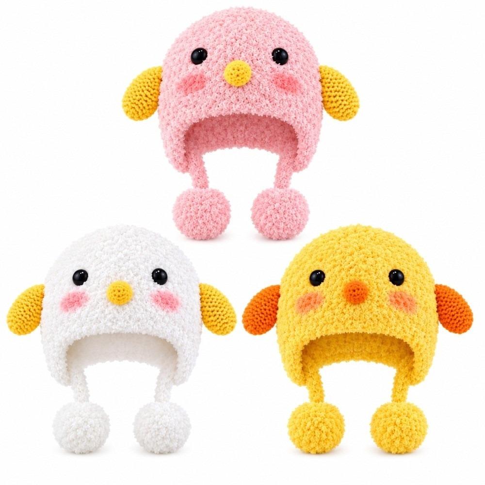 Windproof Cartoon Chicken Hat Pom-pom Detail Plush Knit Hat Soft Baby Beanie Hat Girls Boys