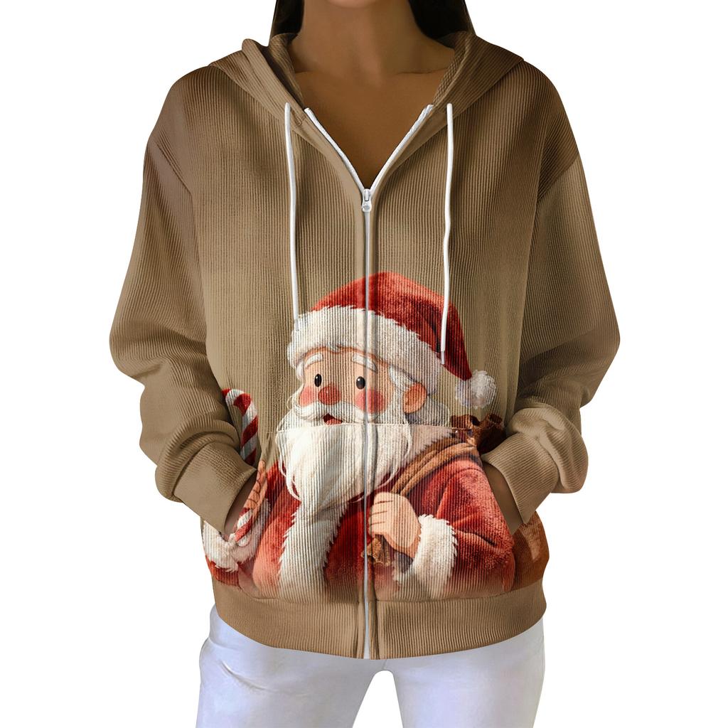 Dámská ležérní módní pletená mikina s kapucí na zip s dlouhým rukávem a vánočním potiskem