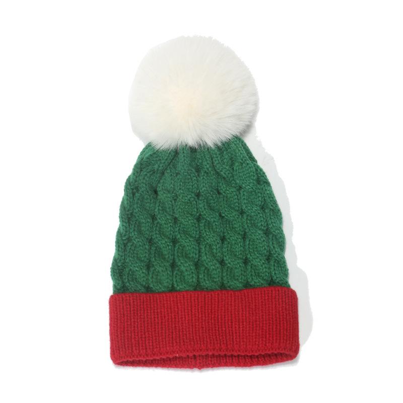 Autumn and winter European and American knitted hats for children, green and red splicing wool hats, warm hairball cold hats, children's