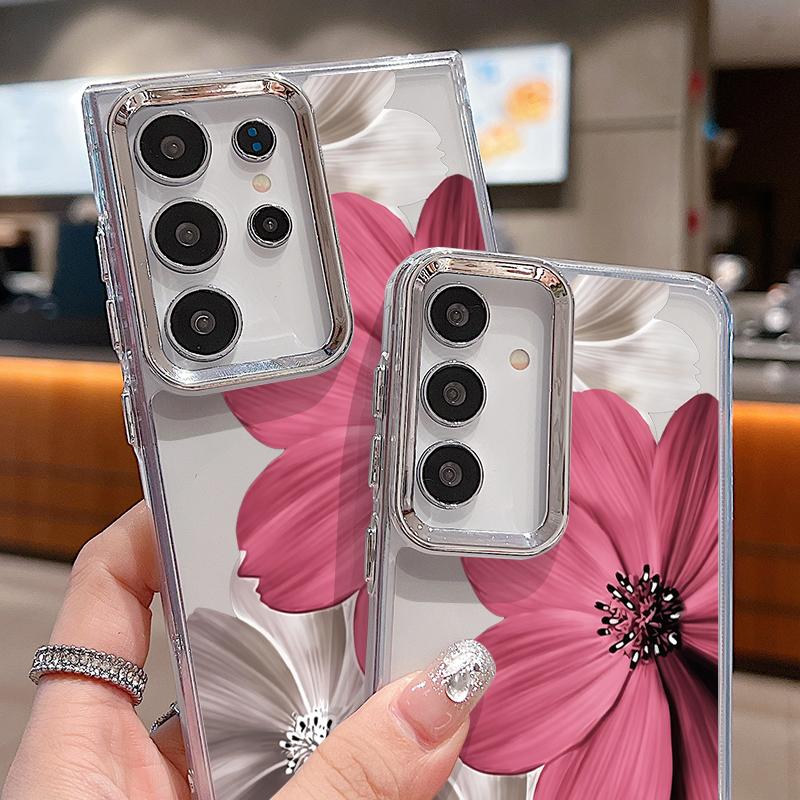 Floral Pattern Case For Samsung S26 S25 Ultra S24 FE S23 Plus S22 S21 A15 A16 A17 A35 A36 A37 A54 A55 A56 A57 5G Plating Lens Soft Cover