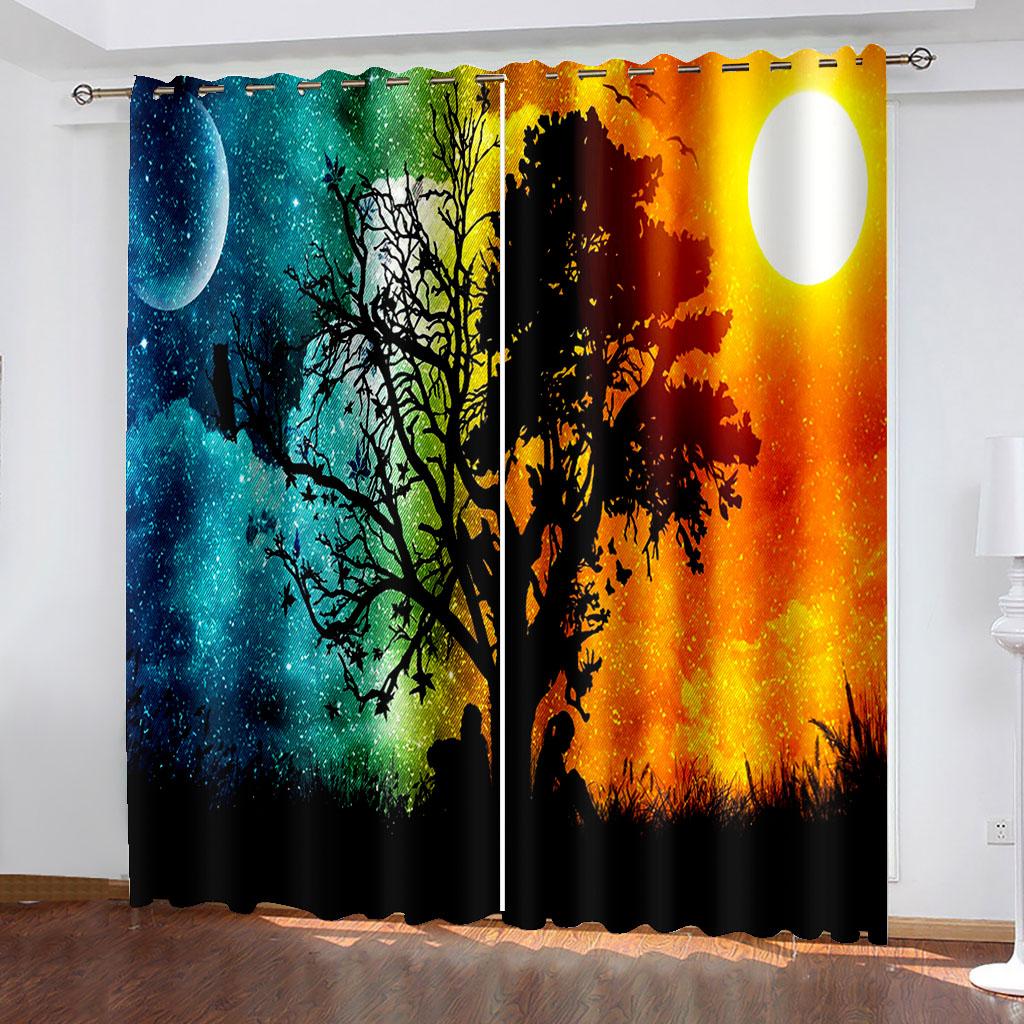 

Готовые тонкие шторы на окна Natural Senery Forest Sunset для детей, спальни, гостиной, ванной комнаты, кухни, двери прихожей Home2Pieces W100 X H240(CM)X2&Grommet Top