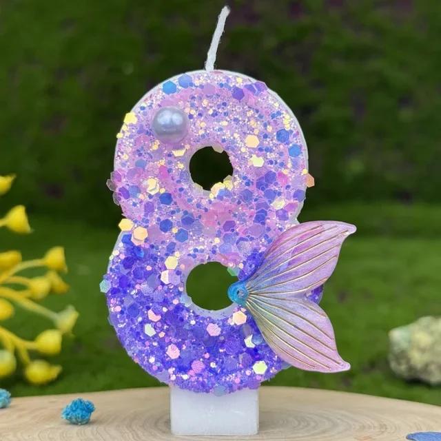 Purple Mermaid Tail Glitter 0-9 Number Candle Birthday Party Candle for Girls Cake Decoration Fish Tail Wedding Boys Girls Gifts