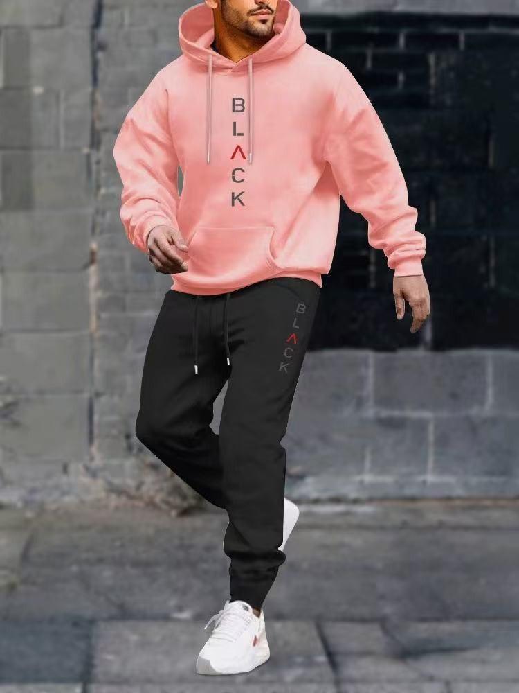 Black Retro Letter Print Men's 2-Piece Set: Hoodie Sweatshirt & Jogging Sweatpants for Winter
