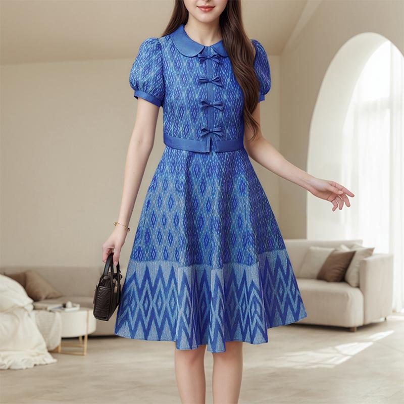 

ZANZEA Женское повседневное летнее платье с принтом, кукольным воротником и короткими рукавами-буфами 5XL синий