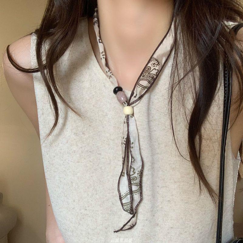 Bohemian Ethnic Cashew Scarf Necklace with Wood Beads Choker for Women