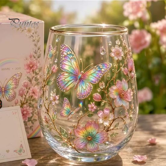 Retro Enamel Style Cup Hand Painted Glass Tumbler, Egg Shaped with Gold Rim, Clear Lead-Free Ocean Turtle Pattern Mug for Tea Coffee Wine Juice