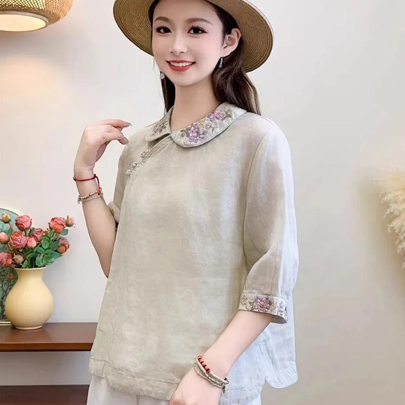 Women's Retro Folk Style Lapel Shirt with Oblique Collar and Chinese Button Design in Cotton-Linen