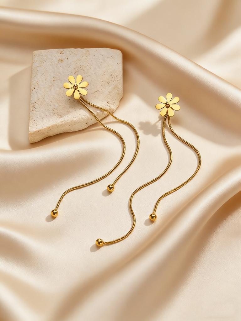 Classic Gold Plated Flower Earrings for Women Long Tassel Chain Stainless Steel Drop Earrings Fashion Popular Jewelry Gifts
