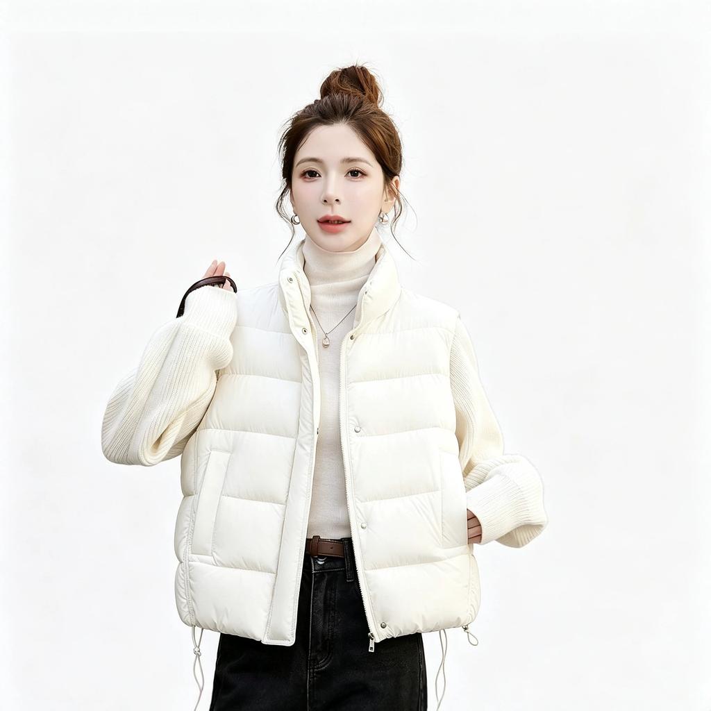 Women Short Cotton Jacket Stand Collar Long Sleeve Solid Color Casual Winter Coat