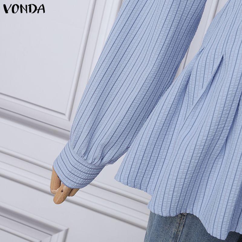VONDA Womens Casual Lapel Neck Long Sleeve Ruffled Striped Print Loose Rumple Blouse Shirts
