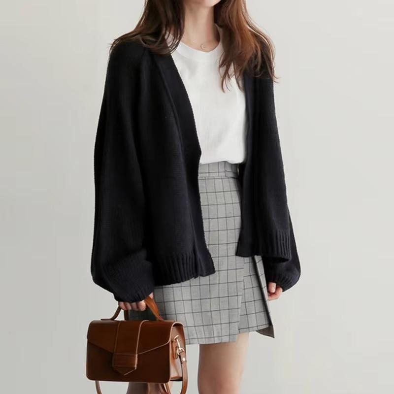V Neck New Fashion Autumn Loose Knitted Cardigan Women Short Sweater Jacket Casual Office Solid Color Elegant Simple Long Sleeve Coats Basic Clothing