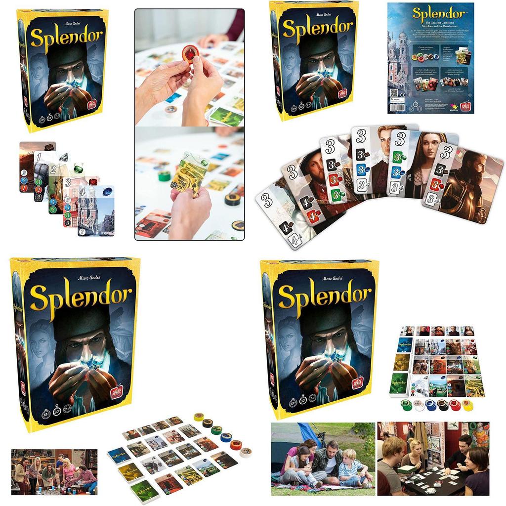 Splendor bordspel, volledige Engelse versie, doos voor thuisfeestjes met verzamelkaarten.