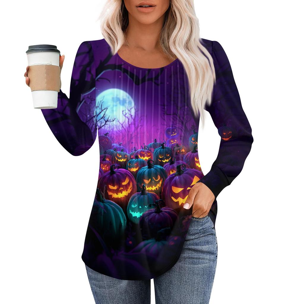 Women Casual Long Sleeve T Shirt Round Neck Pleated Halloween Print Top Lightweight Comfortable Fit Suitable for Everyday Wear