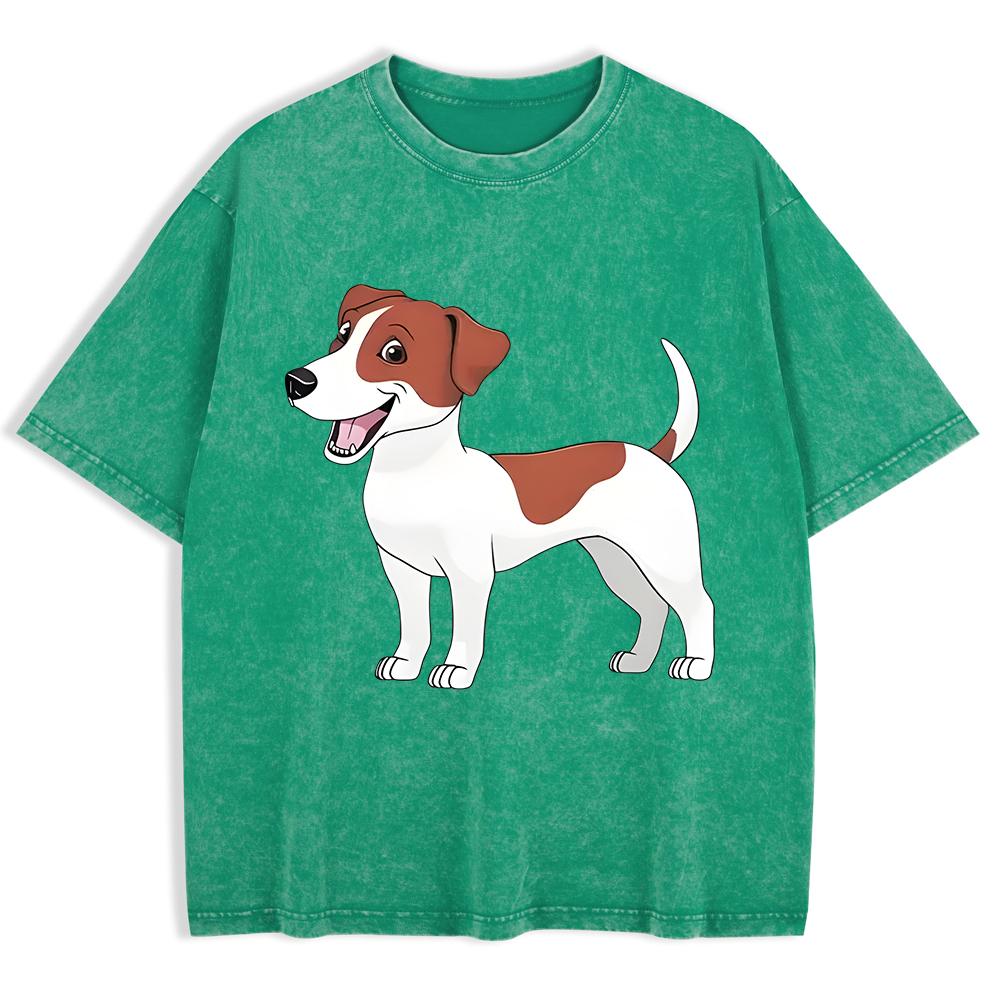 Russell Terrier Puppy Printing Washed T-Shirts Mens Cotton Short Sleeve Tops Street O-Neck Oversize T Shirt Clothes