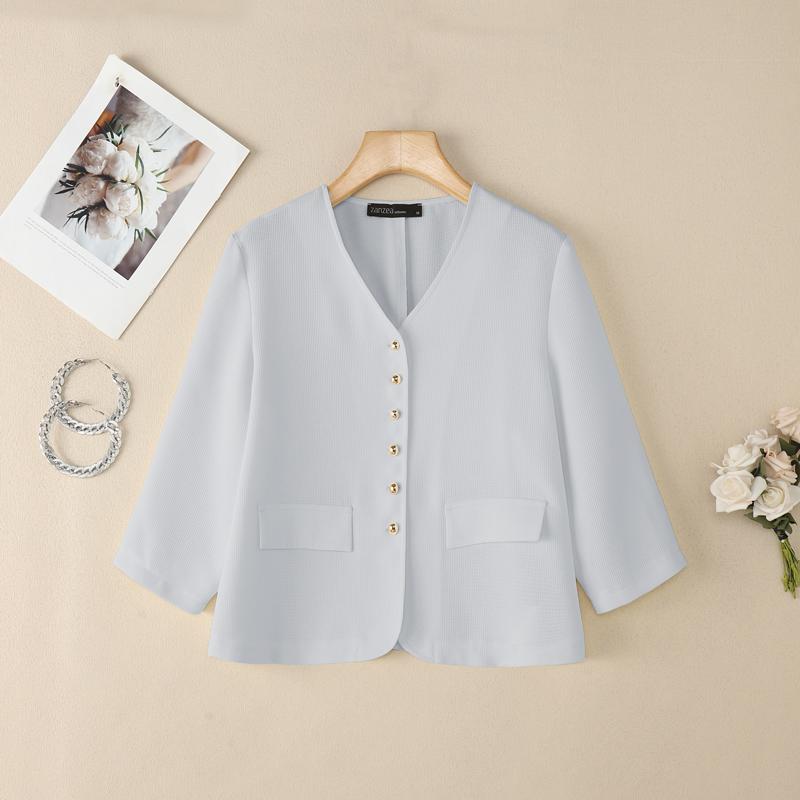 ZANZEA Lässige Bluse mit V-Ausschnitt und 3/4-Ärmeln für Damen in Volltonfarbe