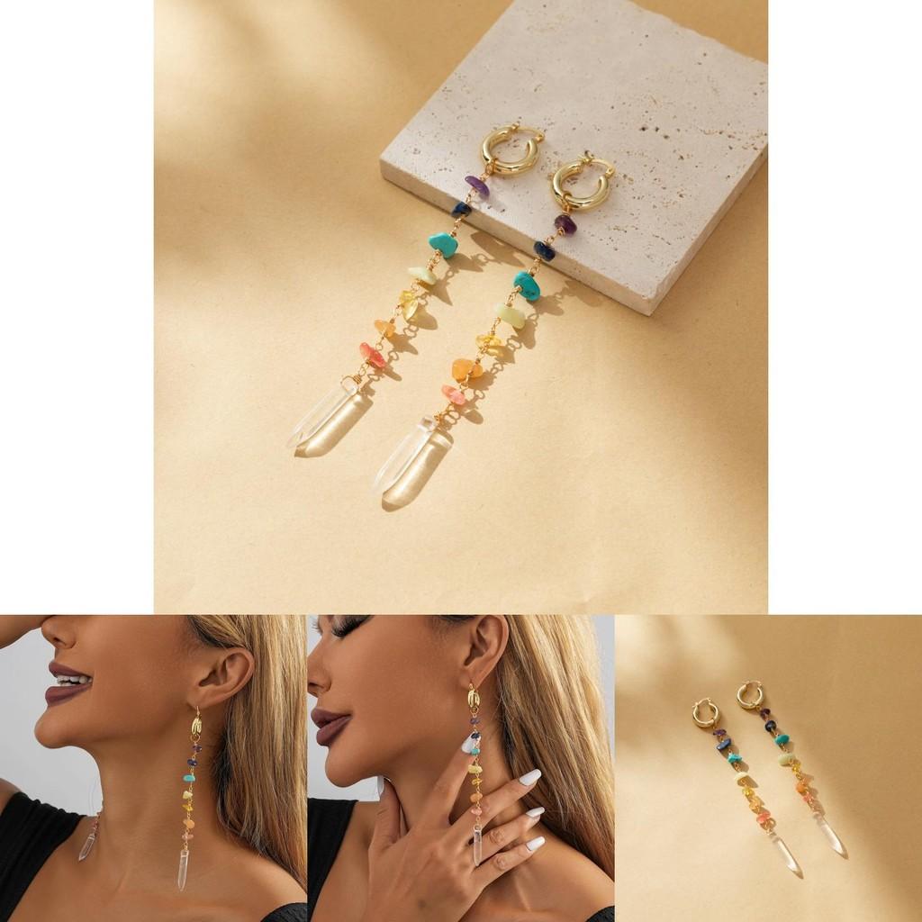 Fashionable Irregular Natural Stone Earrings Long Colorful Plated Copper For Women
