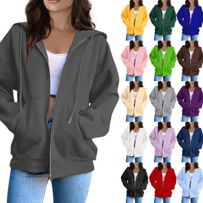 Women's Casual Fashion Solid Color Long Sleeved Zippered Hooded Sweatshirt
