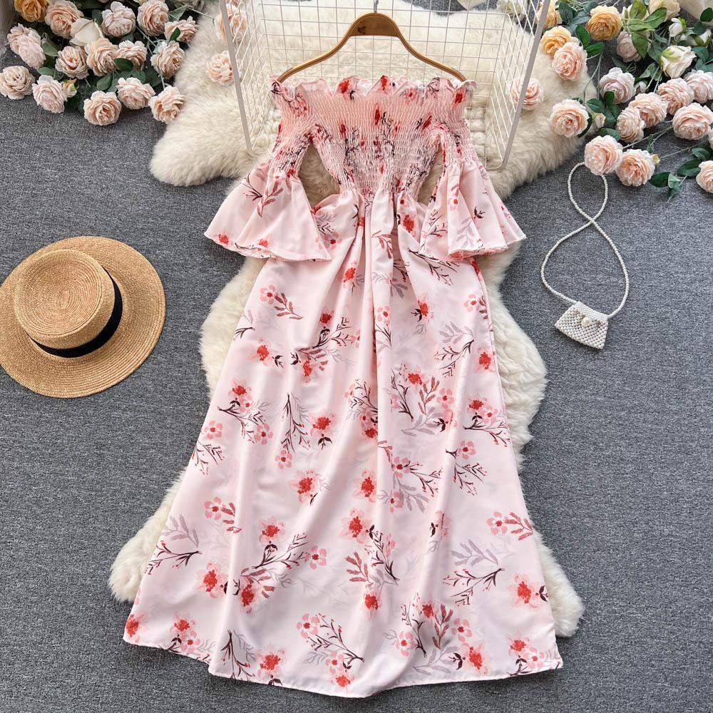 Floral Print Strapless Dress Women French Slash Neck Flare Sleeve Elastic Waist Lady Vacation Fashion Slm A Line Dress