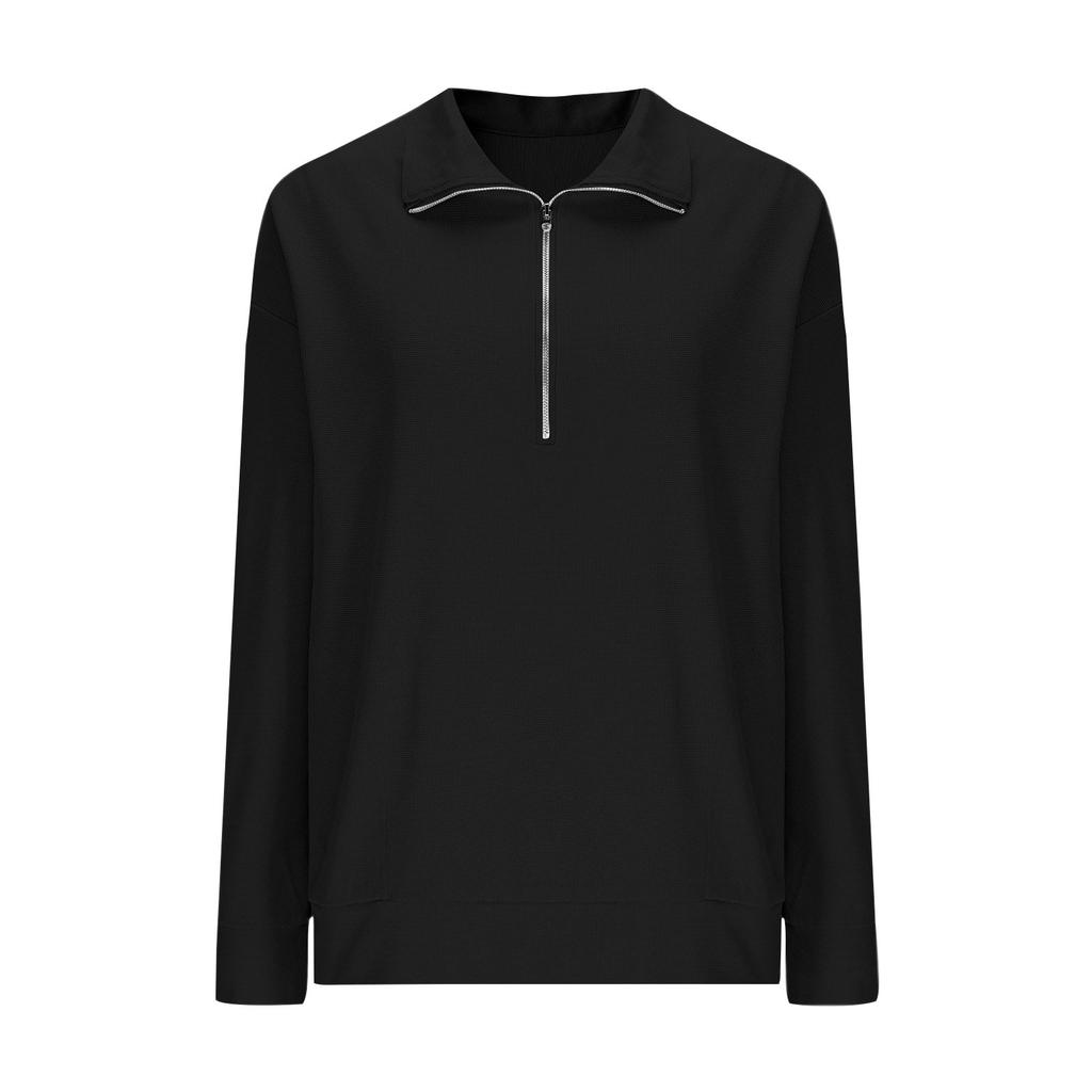 Women's Fashion Solid Color Zipper Lapel Solid Color Casual Sweatshirt Loose