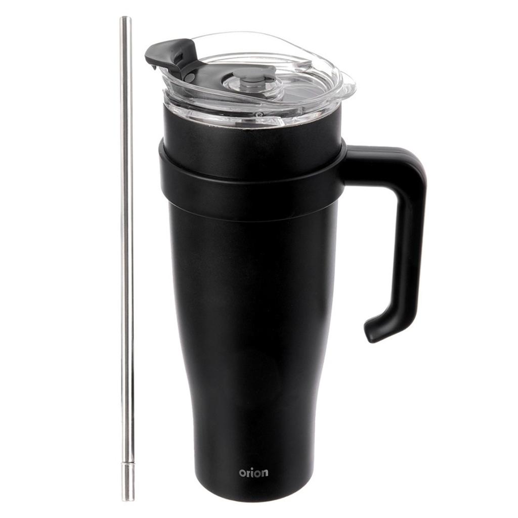STALOWY KUBEK TERMICZNY TERMOS 1200ml Z RĄCZKĄ I SŁOMKĄ ORION 112284 CZARNY