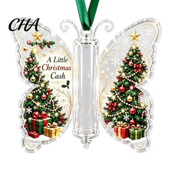 Hanging Holiday Decorations Butterfly Cash Gift Ornament, Christmas Money Holder Decor with Acrylic Ornaments Festive Print, Tree Pendant for Surprise