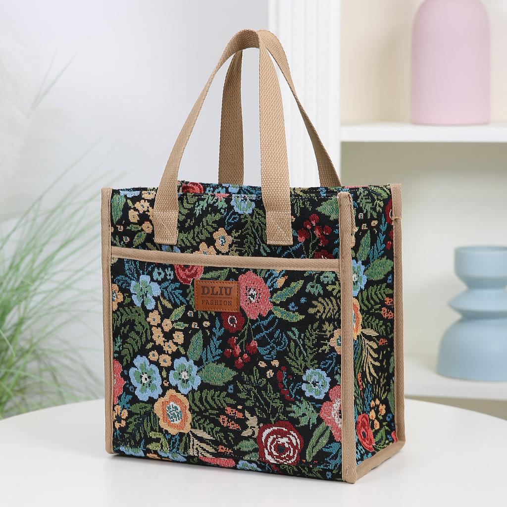 Thick Knitted Floral Fabric Tote Bag, Lunch Bag, Bento Bag, Large Capacity Portable Storage Bag, Handbag