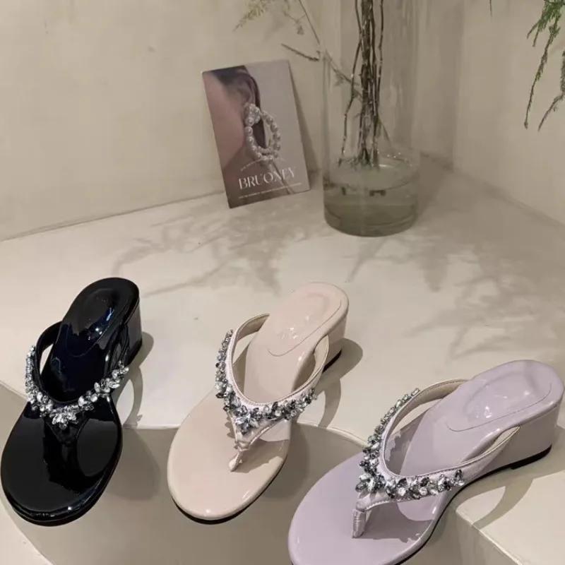 Fashion French Style Purple Thong Thick Heel Sandals Women's Summer Outdoor Beach Slippers Open Toe Comfortable Flip Flops