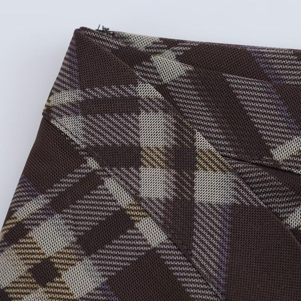 2025 Spring Women's Slim Plaid Silk Sarong Skirt with Button Details