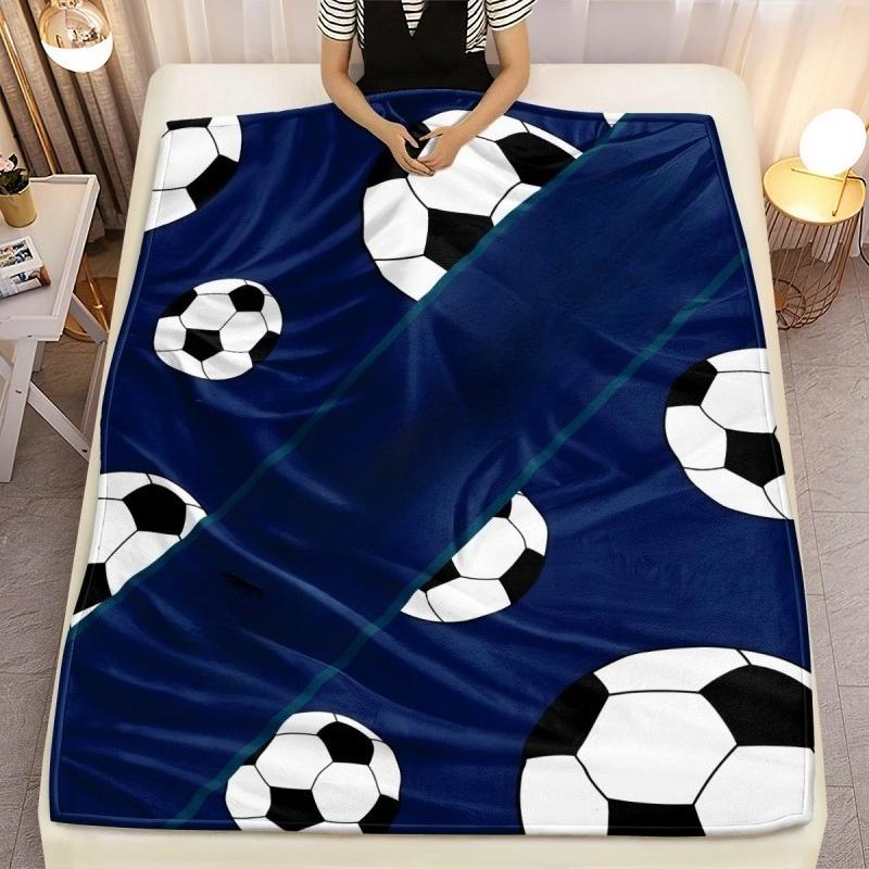 Black White Soccer Ball Print Flannel Blanket Sports Theme Soft Cozy Sofa Bed Throw Blanket