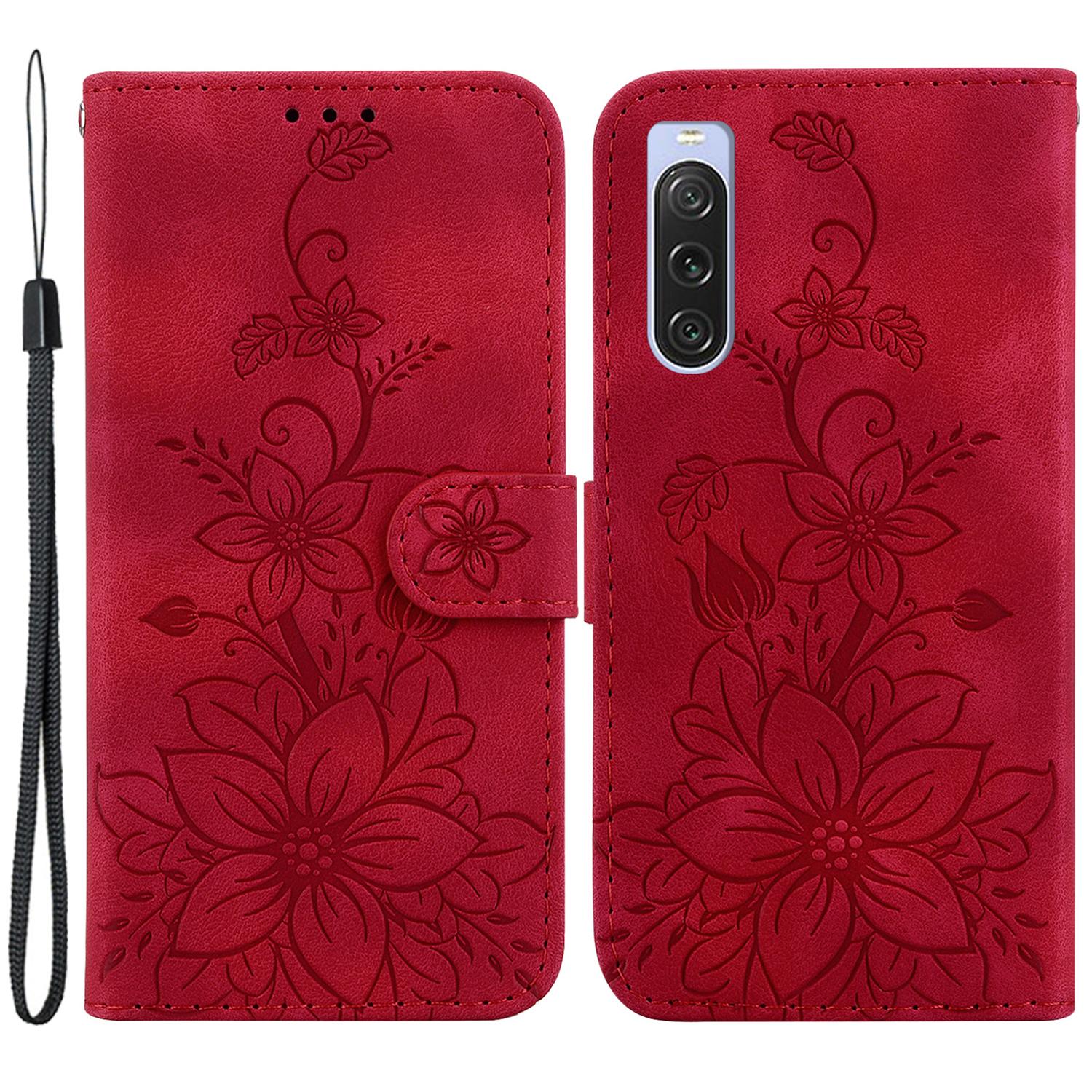 

For Sony Xperia 10 V Shockproof PU Leather Phone Case Imprinted Lily Flower Cover Wallet Stand Shell Red