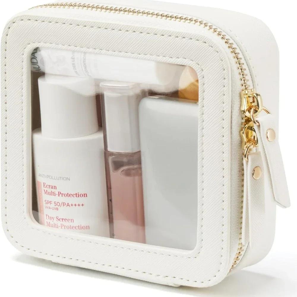 

Mini Clear Makeup Bag Pu Saffiano Vegan Faux Leather Cute Small Visible Window Storage Lipsticks Cosmetics Case for Purse Pouch білий