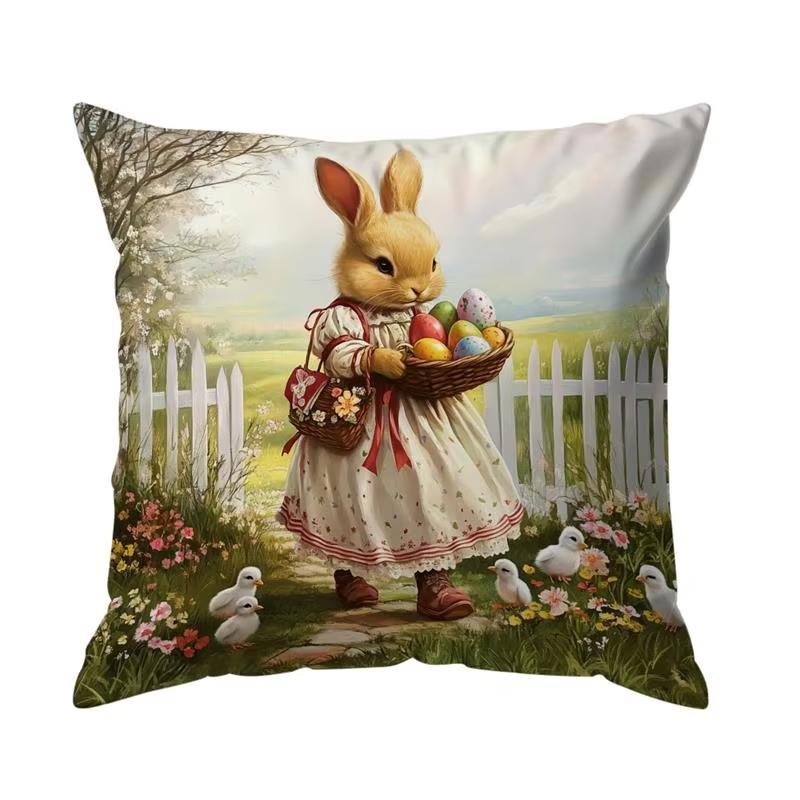 Double Sided Garden Rabbit Easter Pillow Cover Farmhouse Theme Party Decoration for Spring Events and Family Gatherings 45cmx45cm