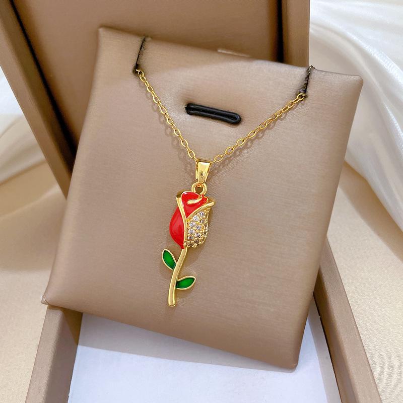 Titanium Steel Oil Drop Rose Fashion Light Luxury Temperament Gorgeous Full Diamond Necklace Female Versatile Collarbone Chain Titanium Steel Chain