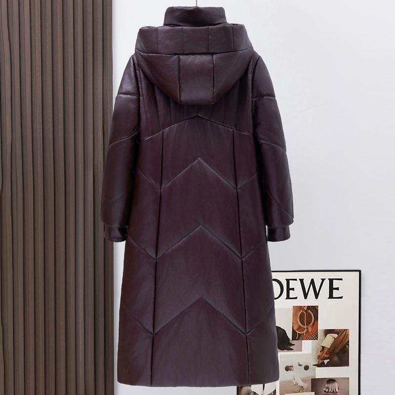 Woman Leather Jacket Winter Long Parkas Hooded Elegant Thick Warm Female Faux Sheepskin Coats