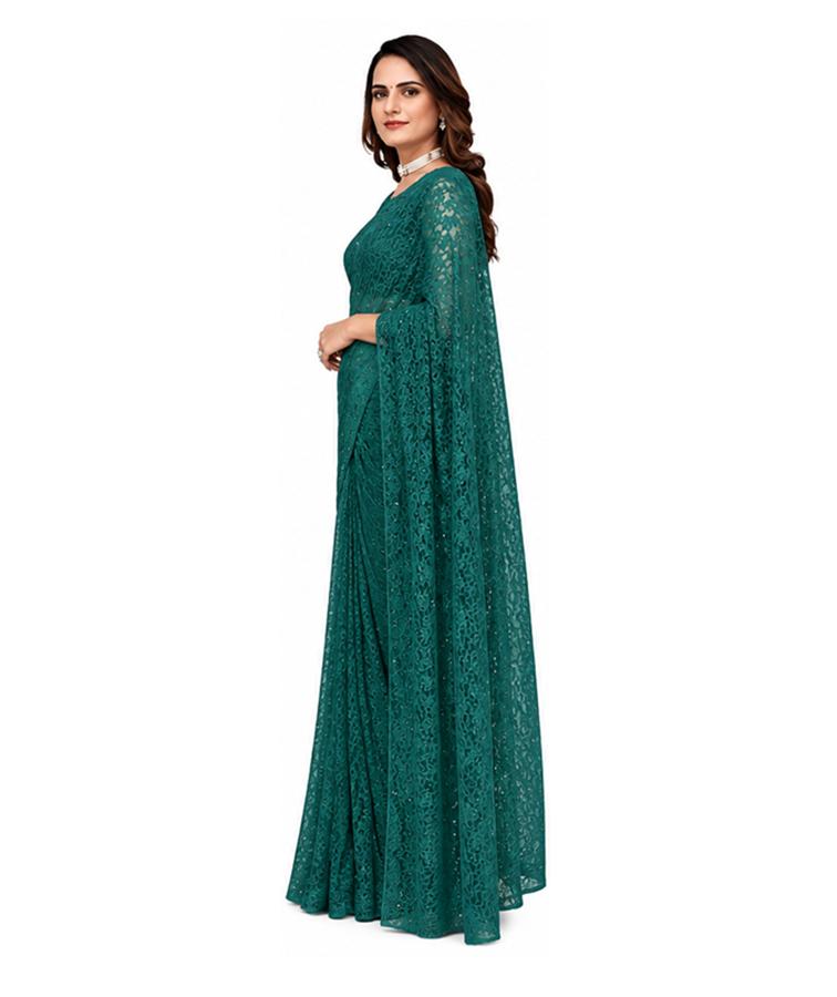 TreegoArt Fashion Women's Party Wear Floral Design Indian Saree Pearls Net Saree With Unstitched Blouse Piece