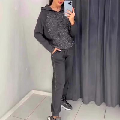 2 Pcs/Set Women Hoodie Pants Suit Rhinestone Decor Long Sleeves Patchwork Sport